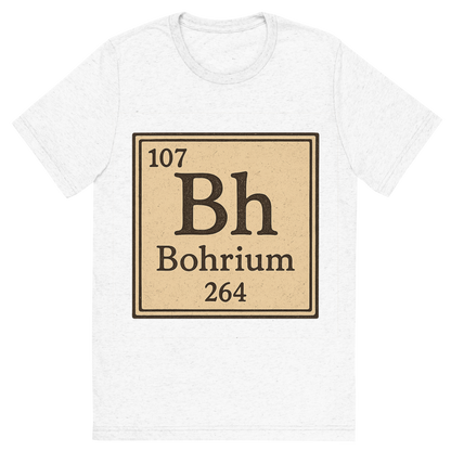 Front view of a Premium Tri-Blend Crew Neck T-Shirt in Solid White showing 'A line art, nostalgic graphic of bohrium's entry on the periodic table, use a dark color for the lines and text'