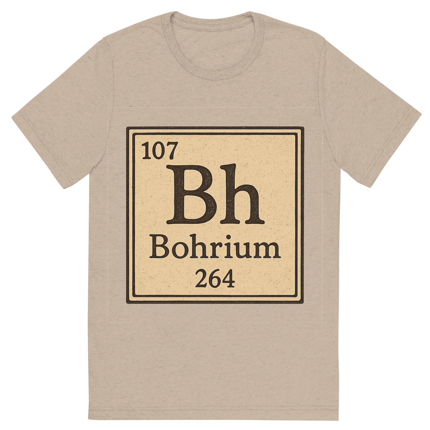 Front view of a Premium Tri-Blend Crew Neck T-Shirt in Tan showing 'A line art, nostalgic graphic of bohrium's entry on the periodic table, use a dark color for the lines and text'