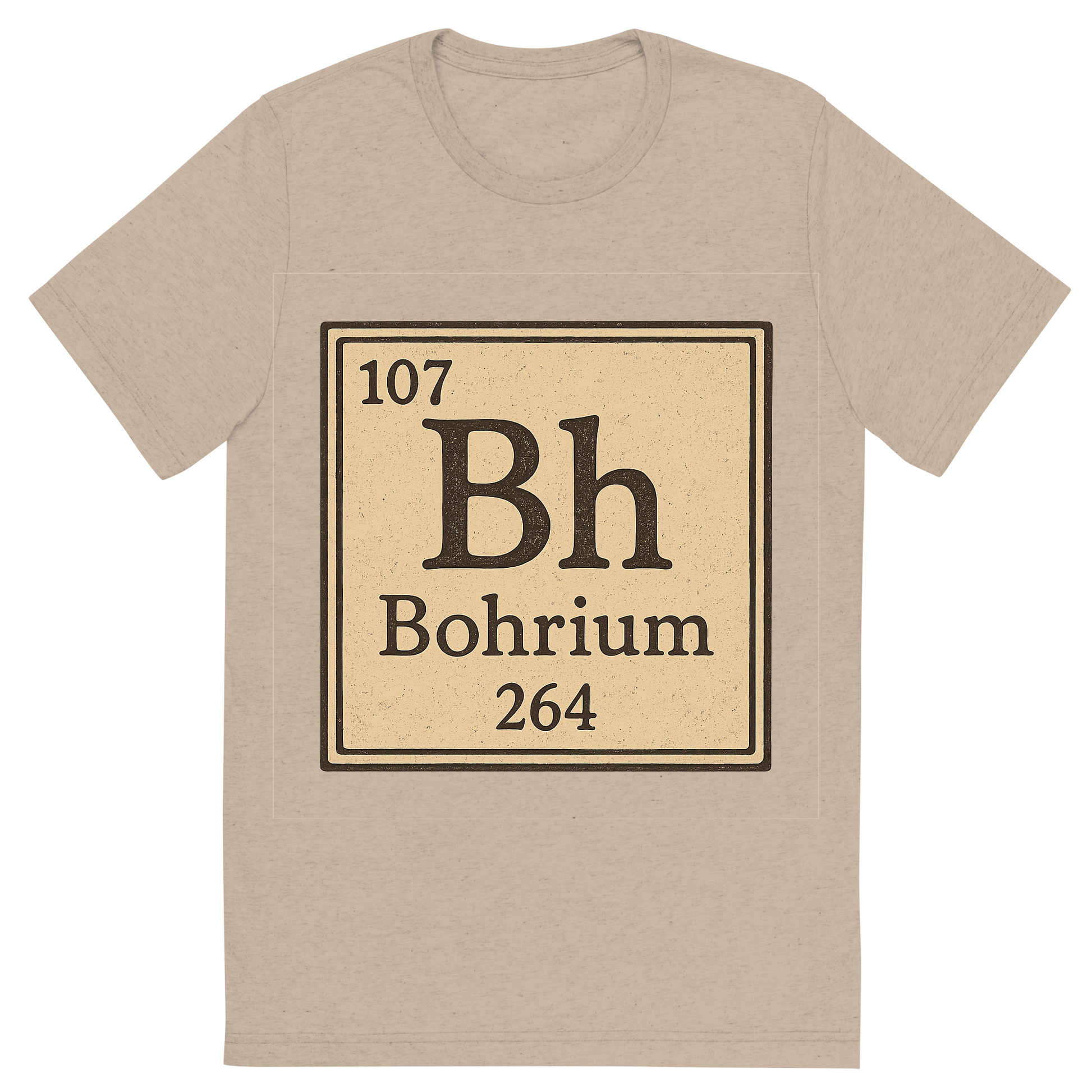 Front view of a Premium Tri-Blend Crew Neck T-Shirt in Tan showing 'A line art, nostalgic graphic of bohrium's entry on the periodic table, use a dark color for the lines and text'