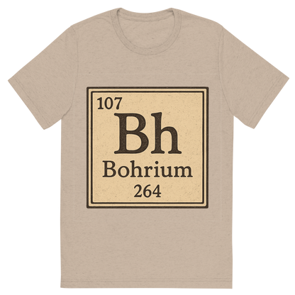 Front view of a Premium Tri-Blend Crew Neck T-Shirt in Tan showing 'A line art, nostalgic graphic of bohrium's entry on the periodic table, use a dark color for the lines and text'