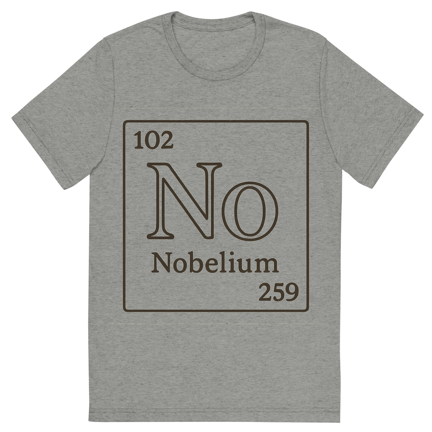 Front view of a Premium Tri-Blend Crew Neck T-Shirt in Athletic Grey showing 'A line art, nostalgic graphic of nobelium's entry on the periodic table, use a dark color for the lines and text'
