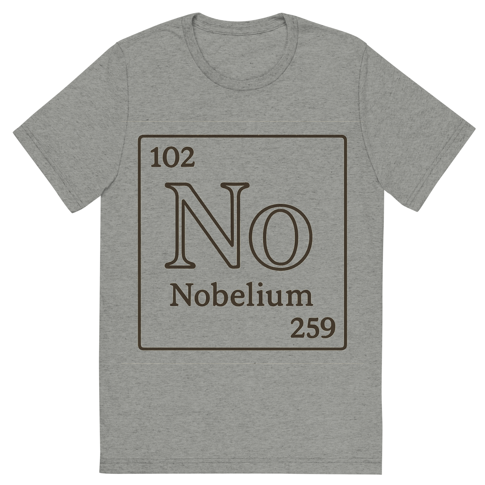 Front view of a Premium Tri-Blend Crew Neck T-Shirt in Athletic Grey showing 'A line art, nostalgic graphic of nobelium's entry on the periodic table, use a dark color for the lines and text'