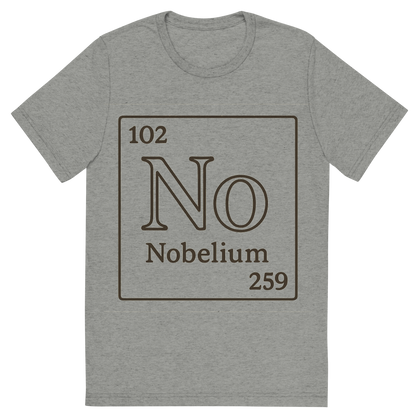 Front view of a Premium Tri-Blend Crew Neck T-Shirt in Athletic Grey showing 'A line art, nostalgic graphic of nobelium's entry on the periodic table, use a dark color for the lines and text'