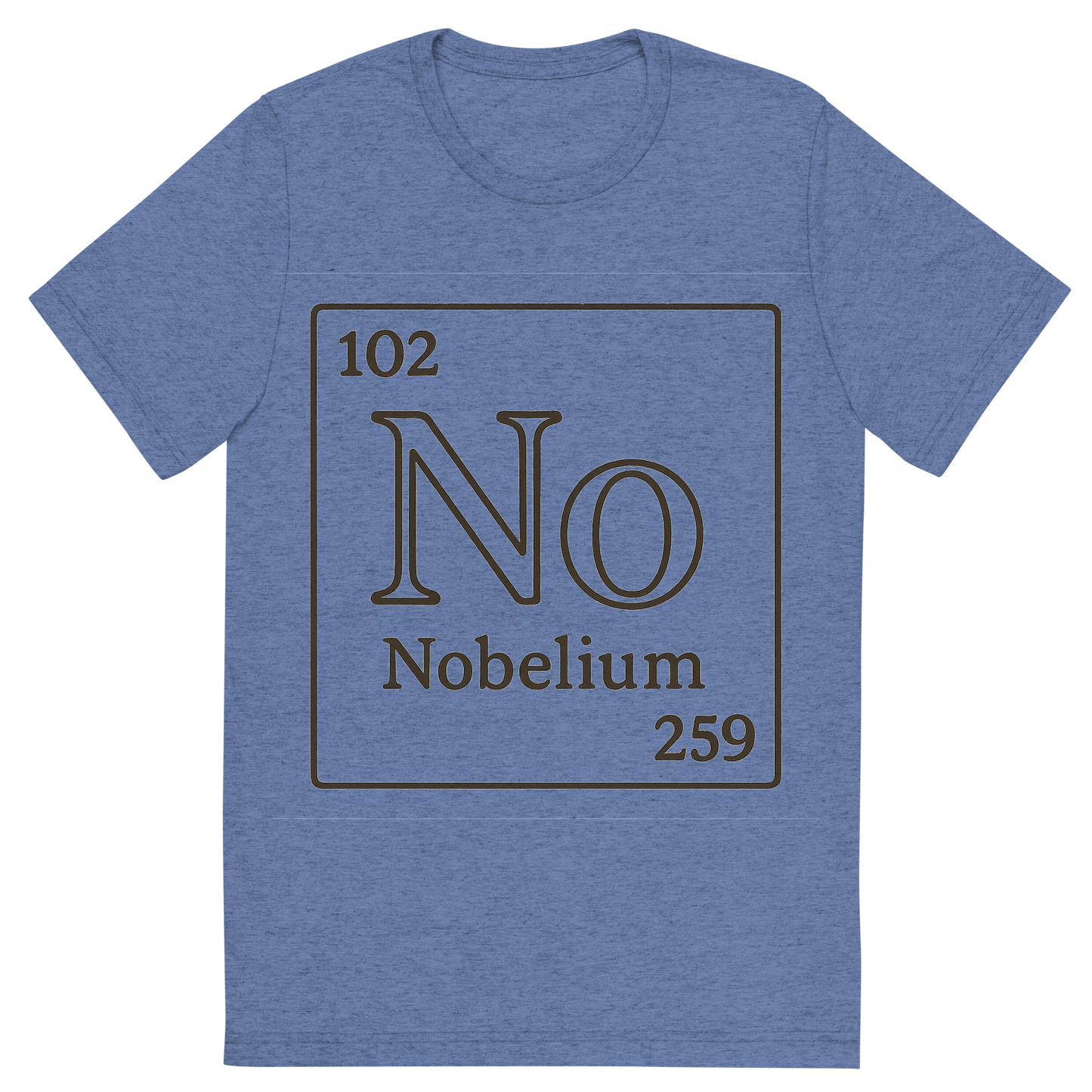 Front view of a Premium Tri-Blend Crew Neck T-Shirt in Blue showing 'A line art, nostalgic graphic of nobelium's entry on the periodic table, use a dark color for the lines and text'