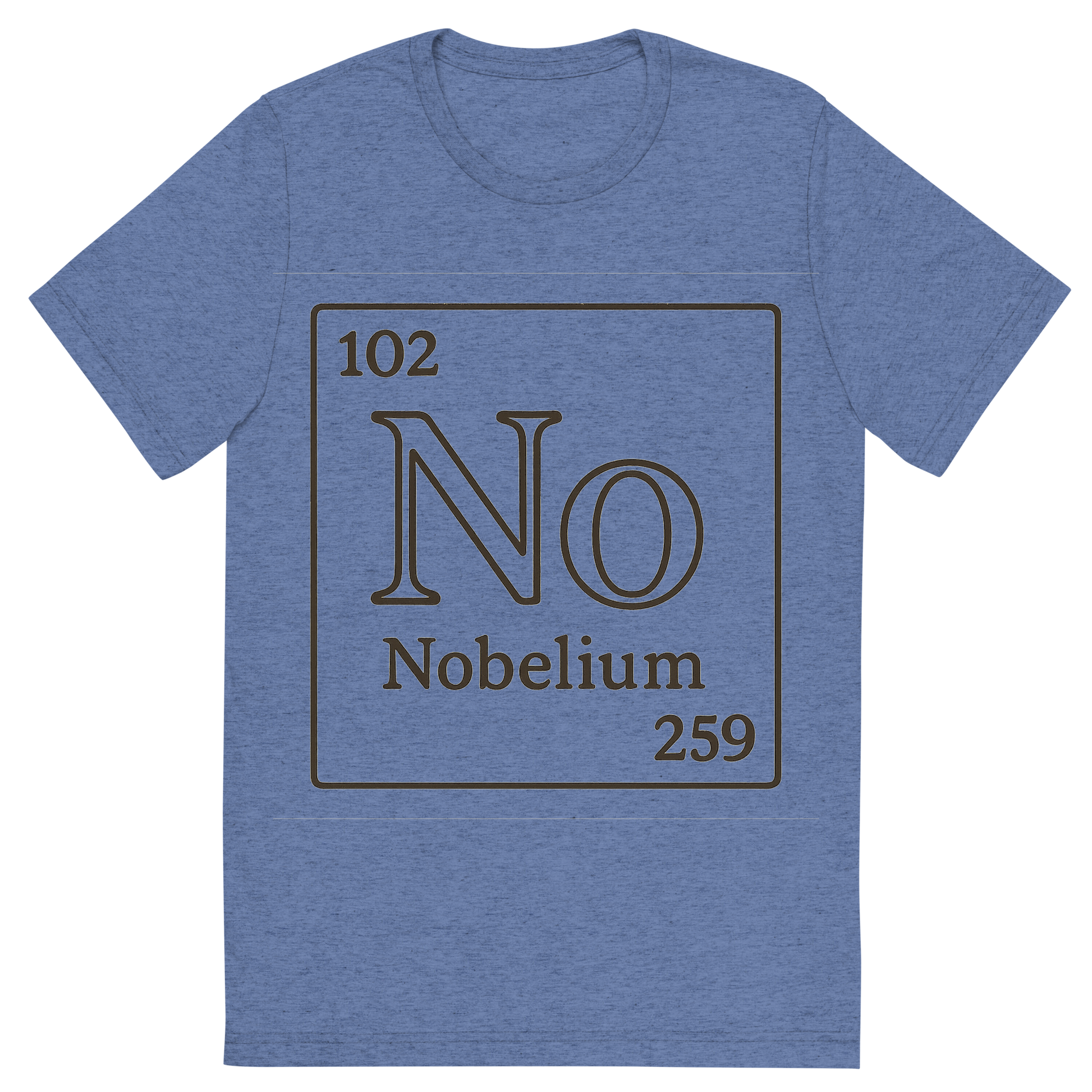 Front view of a Premium Tri-Blend Crew Neck T-Shirt in Blue showing 'A line art, nostalgic graphic of nobelium's entry on the periodic table, use a dark color for the lines and text'