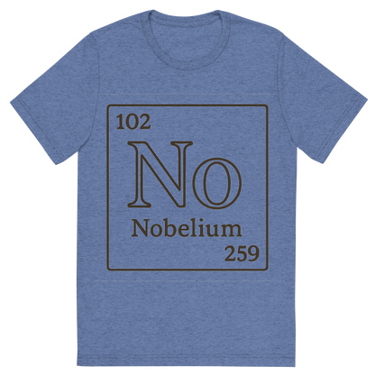 Front view of a Premium Tri-Blend Crew Neck T-Shirt in Blue showing 'A line art, nostalgic graphic of nobelium's entry on the periodic table, use a dark color for the lines and text'