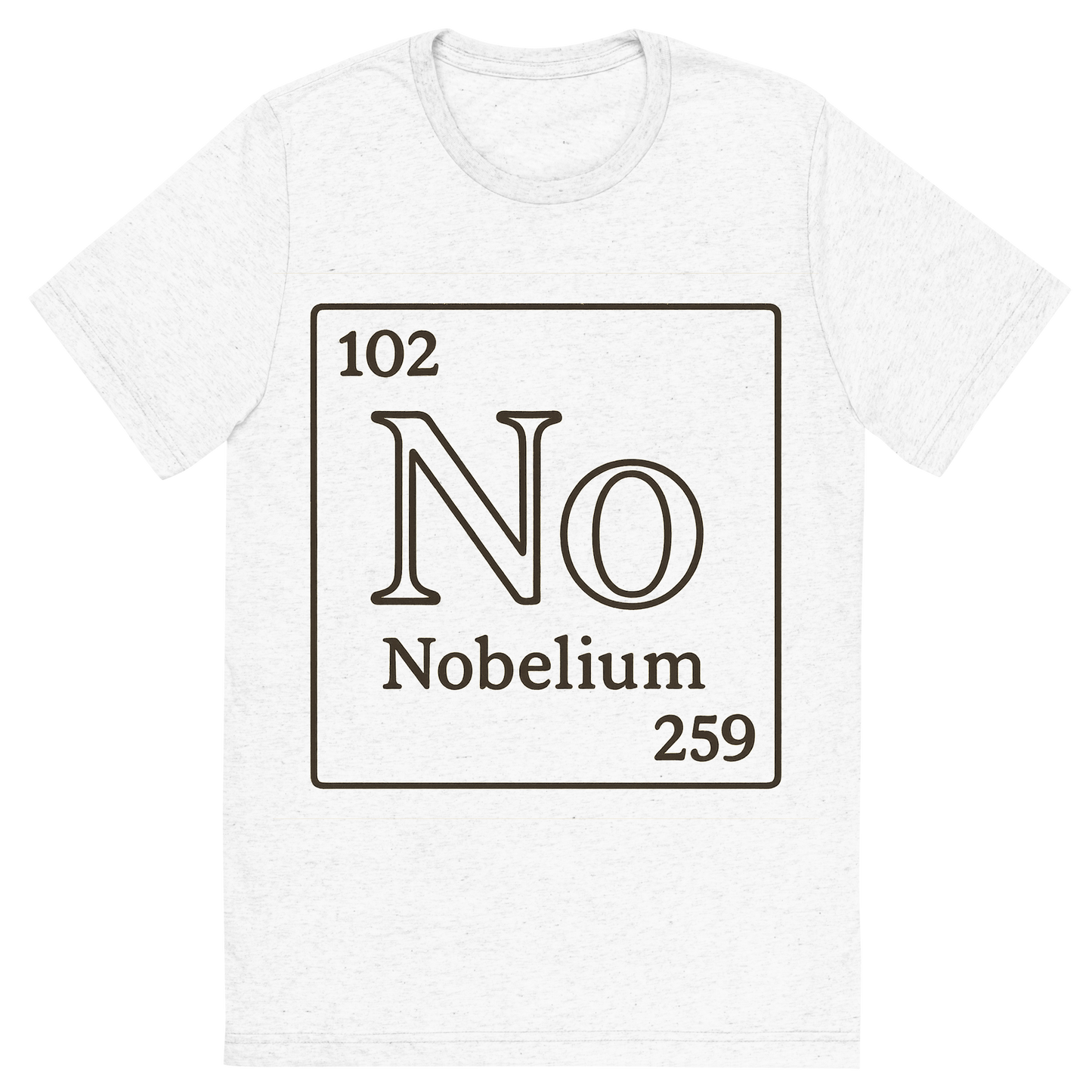 Front view of a Premium Tri-Blend Crew Neck T-Shirt in Solid White showing 'A line art, nostalgic graphic of nobelium's entry on the periodic table, use a dark color for the lines and text'