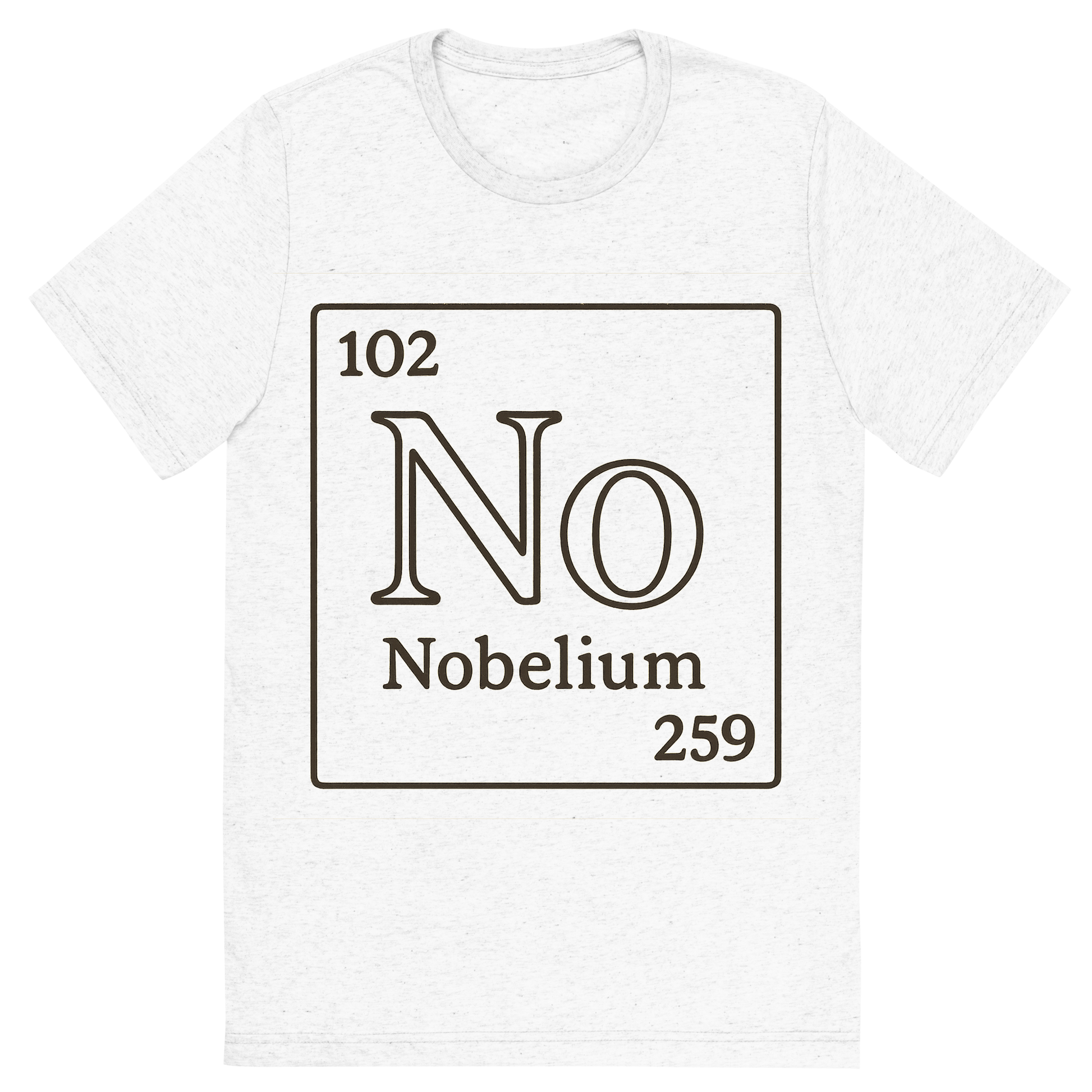 Front view of a Premium Tri-Blend Crew Neck T-Shirt in Solid White showing 'A line art, nostalgic graphic of nobelium's entry on the periodic table, use a dark color for the lines and text'