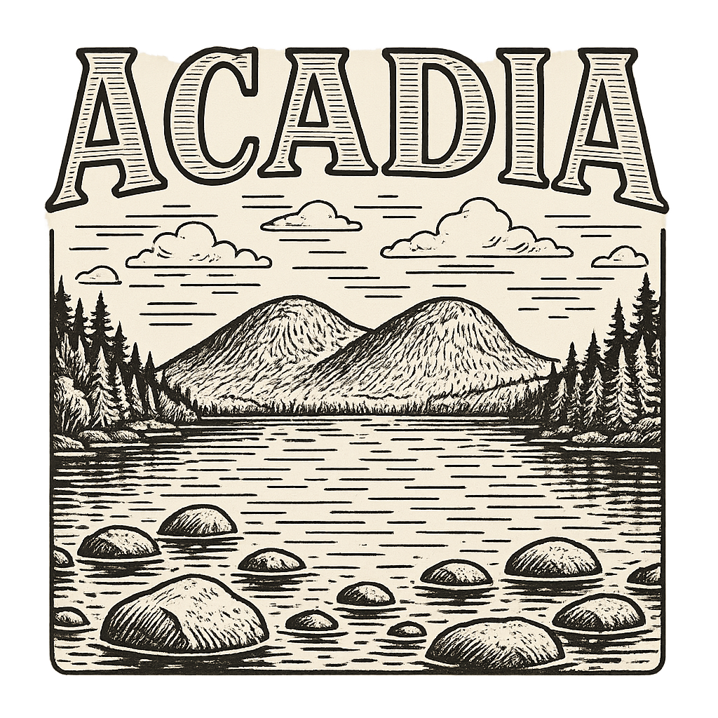A typographic, nostalgic graphic of a typographic illustration of the words 'acadia' with a vintage line art drawing of jordan pond – a t-shirt design