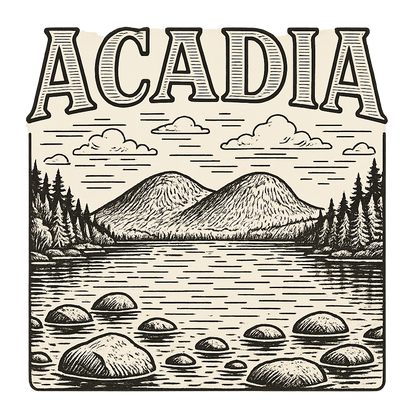 A typographic, nostalgic graphic of a typographic illustration of the words 'acadia' with a vintage line art drawing of jordan pond – a t-shirt design