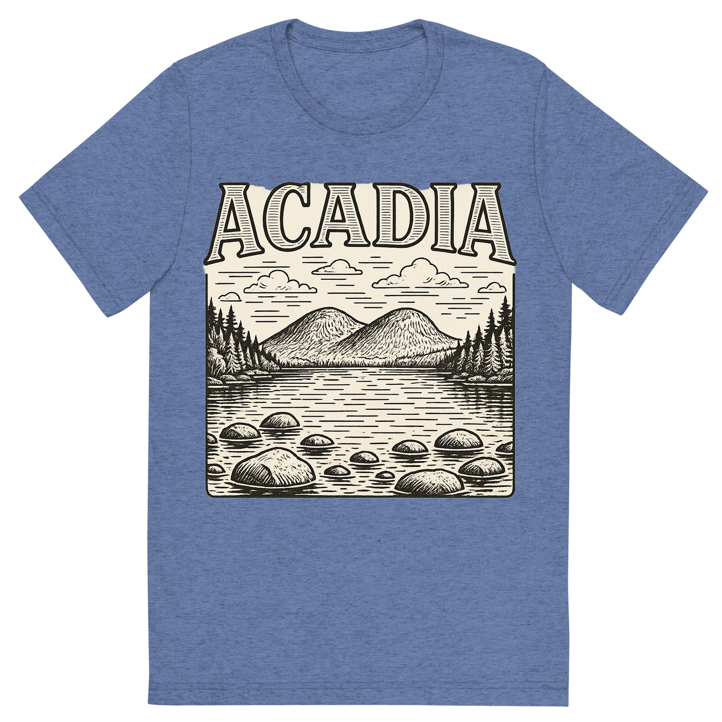 Front view of a Premium Tri-Blend Crew Neck T-Shirt in Blue showing 'A typographic, nostalgic graphic of a typographic illustration of the words 'acadia' with a vintage line art drawing of jordan pond'