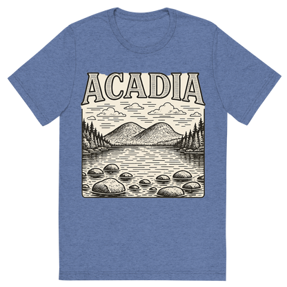 Front view of a Premium Tri-Blend Crew Neck T-Shirt in Blue showing 'A typographic, nostalgic graphic of a typographic illustration of the words 'acadia' with a vintage line art drawing of jordan pond'