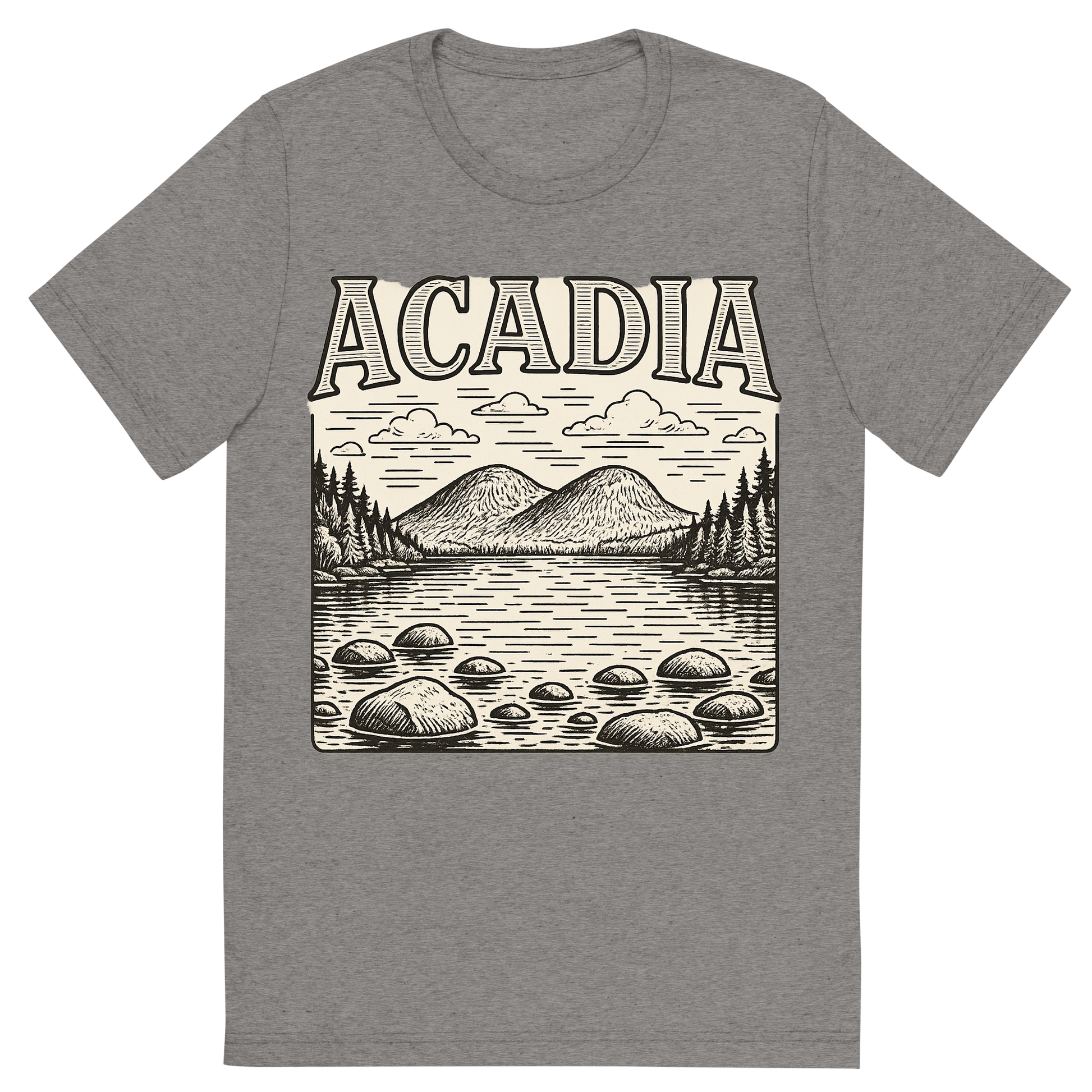 Front view of a Premium Tri-Blend Crew Neck T-Shirt in Grey showing 'A typographic, nostalgic graphic of a typographic illustration of the words 'acadia' with a vintage line art drawing of jordan pond'