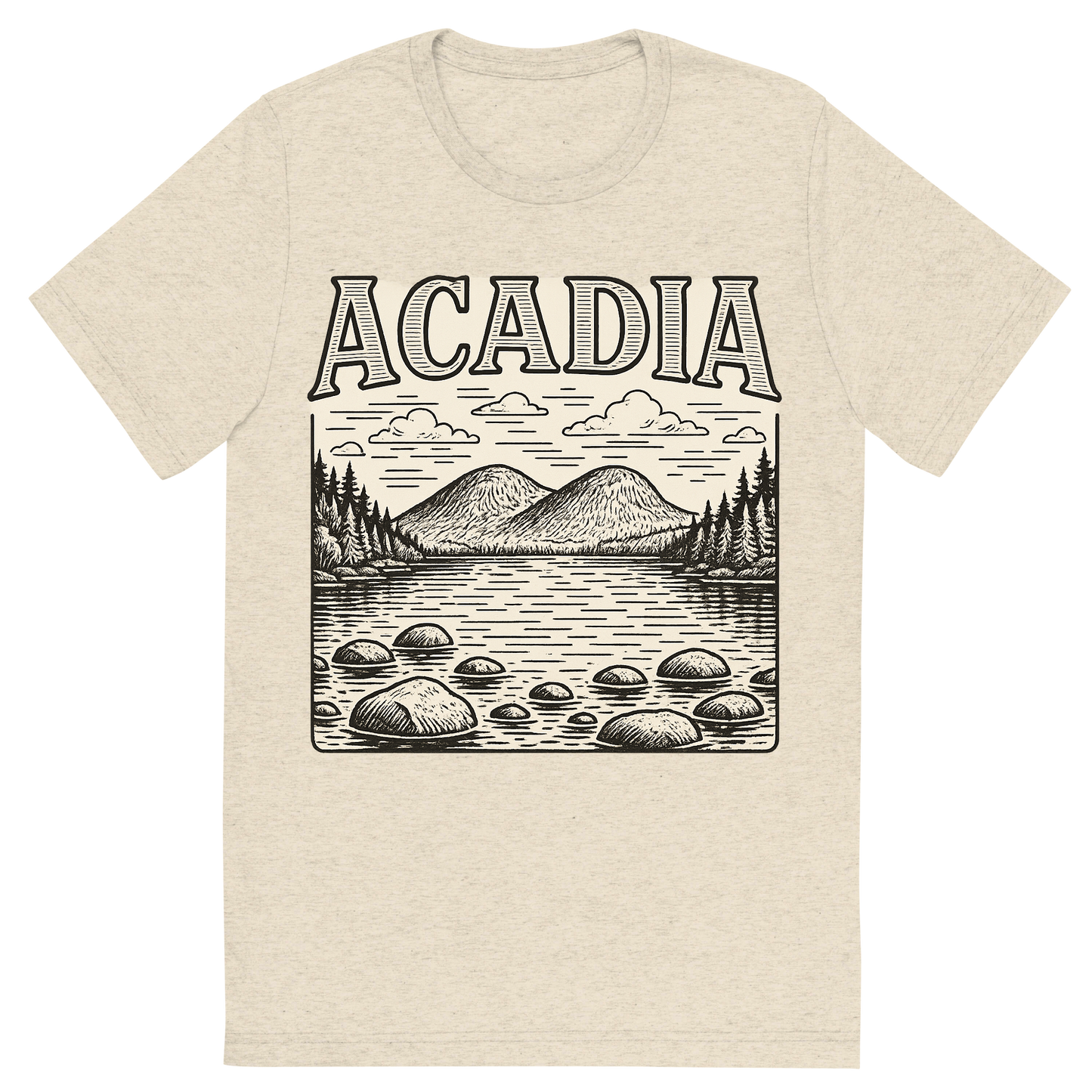Front view of a Premium Tri-Blend Crew Neck T-Shirt in Oatmeal showing 'A typographic, nostalgic graphic of a typographic illustration of the words 'acadia' with a vintage line art drawing of jordan pond'