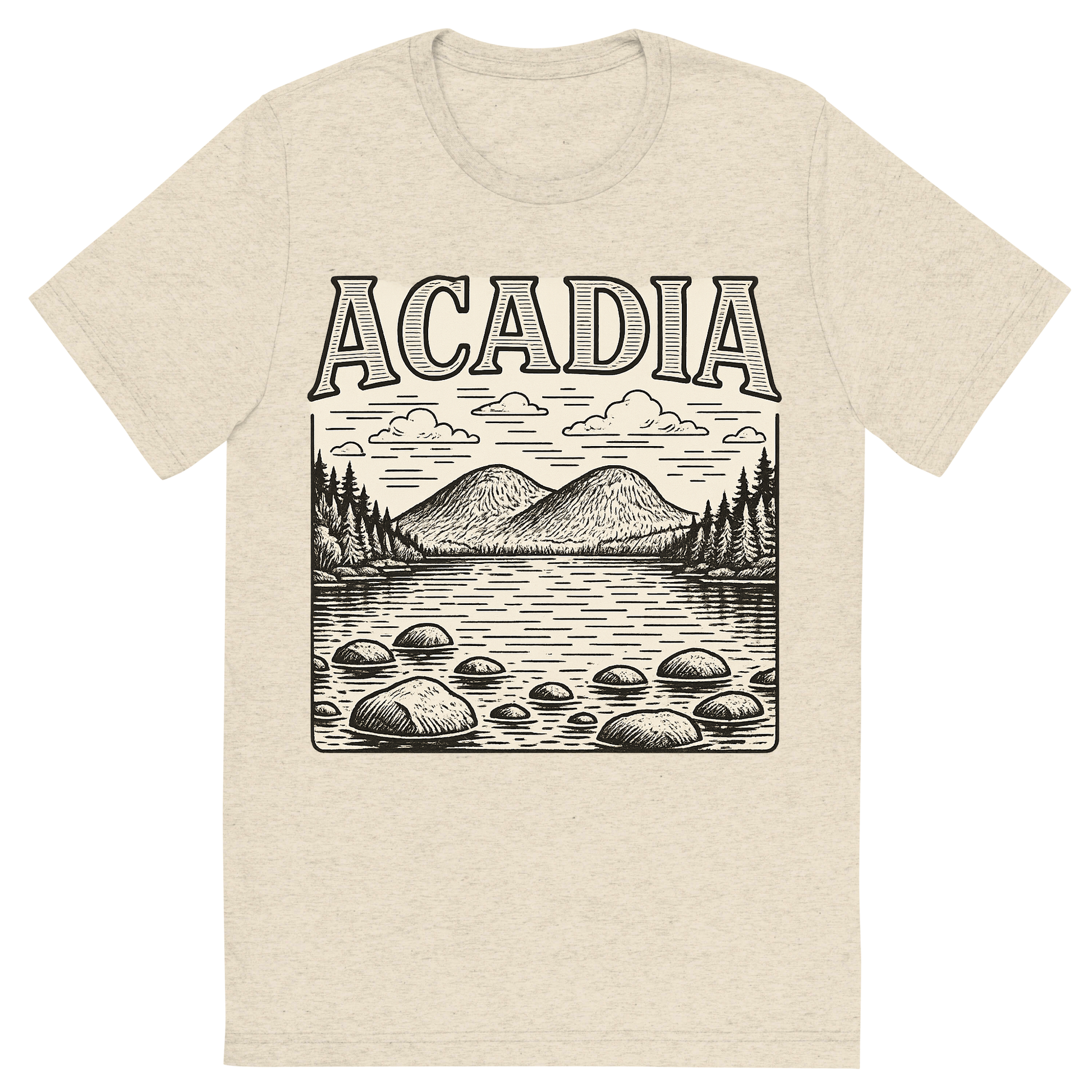 Front view of a Premium Tri-Blend Crew Neck T-Shirt in Oatmeal showing 'A typographic, nostalgic graphic of a typographic illustration of the words 'acadia' with a vintage line art drawing of jordan pond'