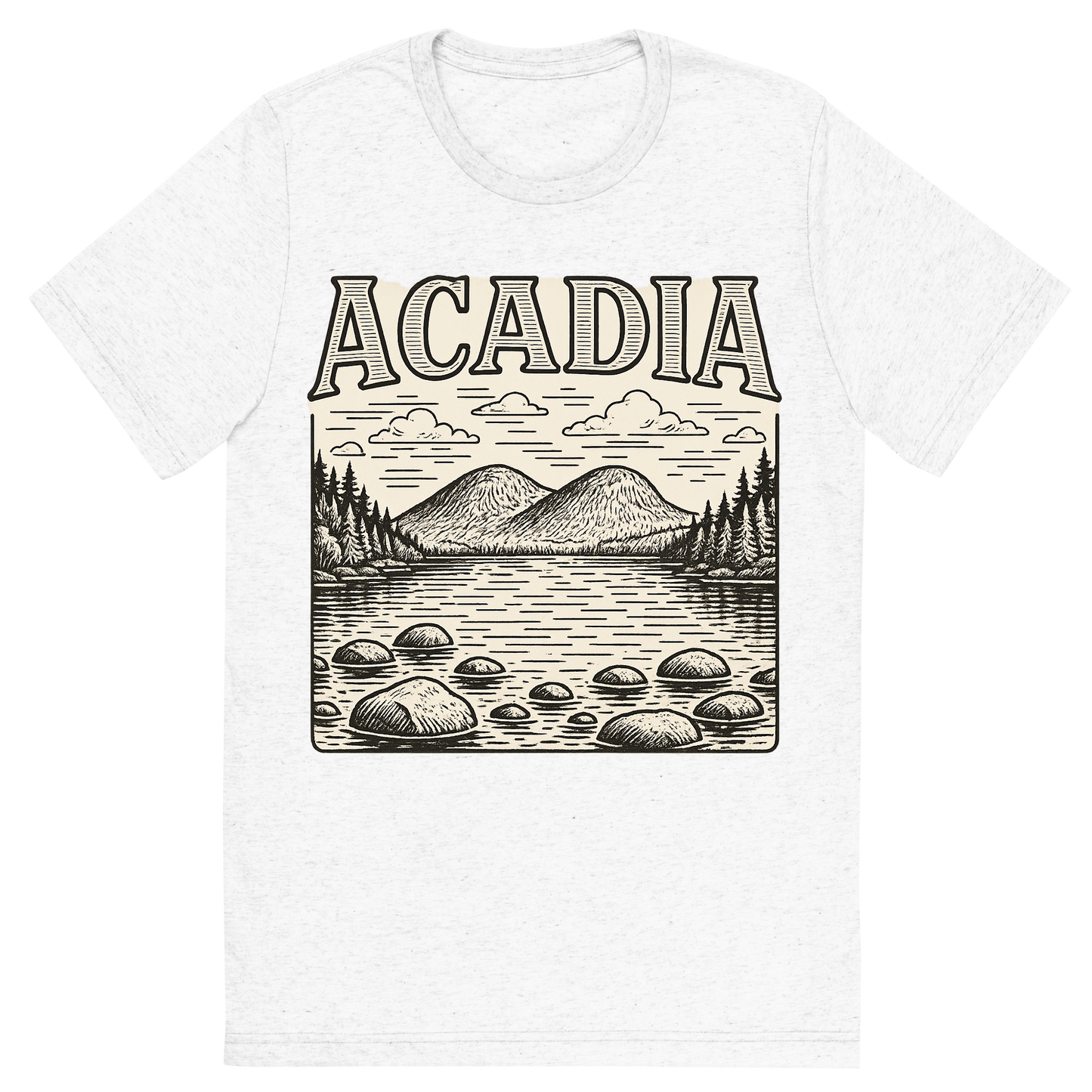 Front view of a Premium Tri-Blend Crew Neck T-Shirt in Solid White showing 'A typographic, nostalgic graphic of a typographic illustration of the words 'acadia' with a vintage line art drawing of jordan pond'