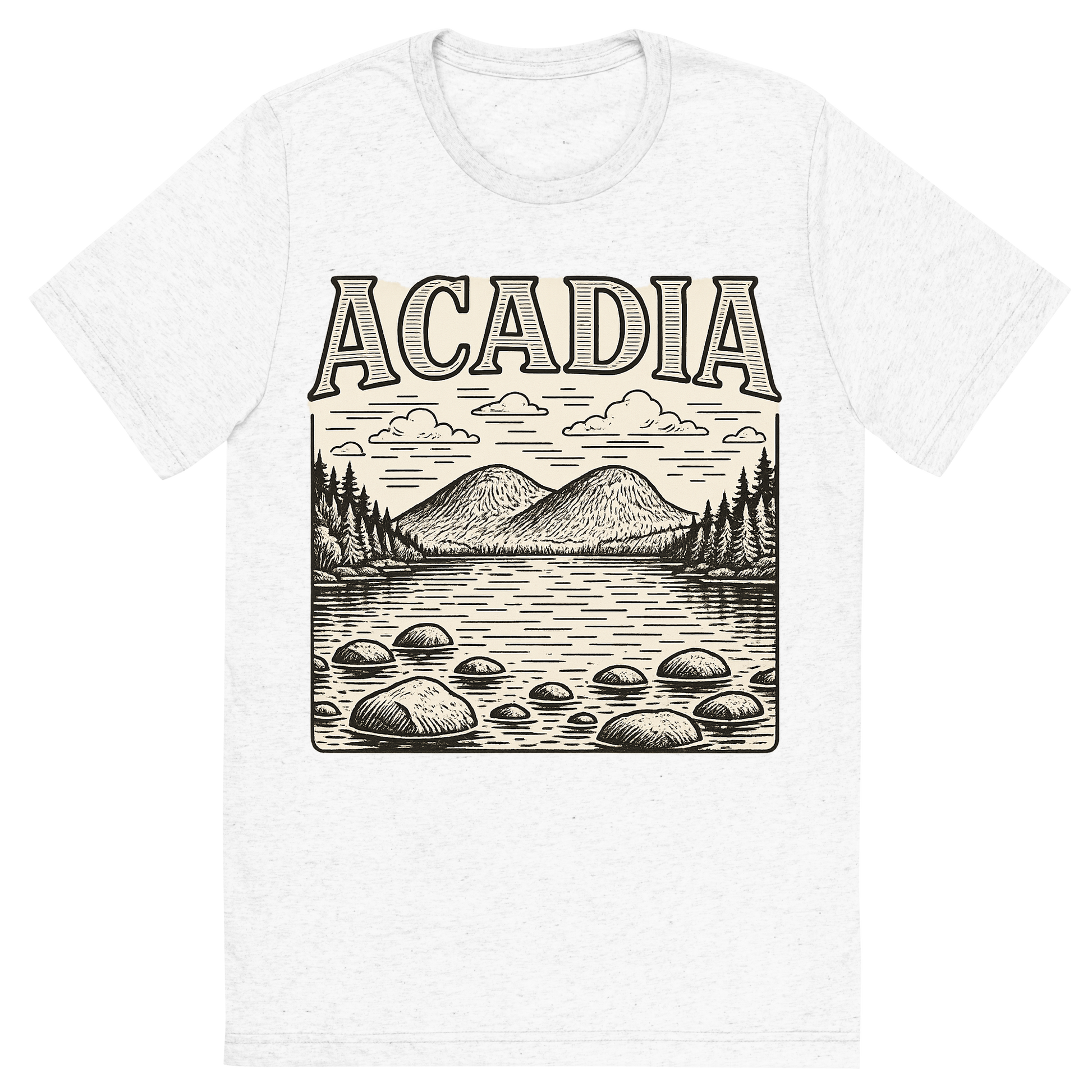 Front view of a Premium Tri-Blend Crew Neck T-Shirt in Solid White showing 'A typographic, nostalgic graphic of a typographic illustration of the words 'acadia' with a vintage line art drawing of jordan pond'