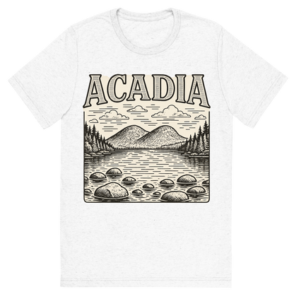 Front view of a Premium Tri-Blend Crew Neck T-Shirt in Solid White showing 'A typographic, nostalgic graphic of a typographic illustration of the words 'acadia' with a vintage line art drawing of jordan pond'