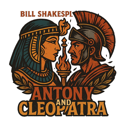A retro, edgy graphic of a visual representation of a key theme and character from william shakespeare's antony and cleopatra – a t-shirt design
