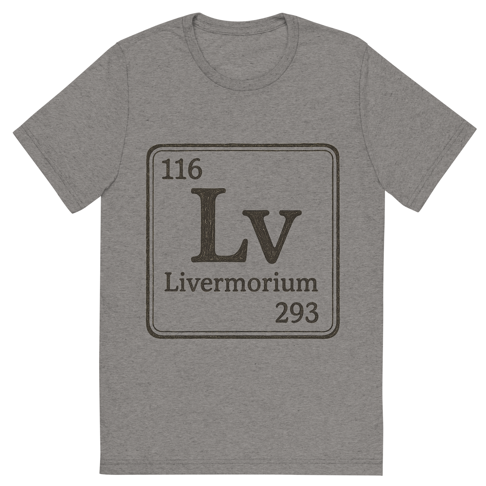 Front view of a Premium Tri-Blend Crew Neck T-Shirt in Grey showing 'A line art, nostalgic graphic of livermorium's entry on the periodic table, use a dark color for the lines and text'