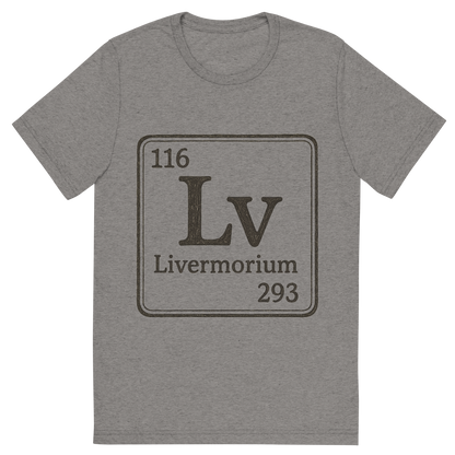 Front view of a Premium Tri-Blend Crew Neck T-Shirt in Grey showing 'A line art, nostalgic graphic of livermorium's entry on the periodic table, use a dark color for the lines and text'
