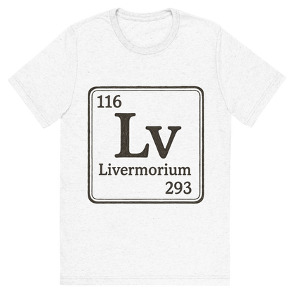 Front view of a Premium Tri-Blend Crew Neck T-Shirt in Solid White showing 'A line art, nostalgic graphic of livermorium's entry on the periodic table, use a dark color for the lines and text'