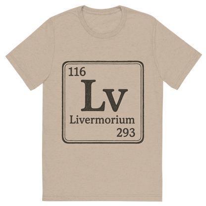 Front view of a Premium Tri-Blend Crew Neck T-Shirt in Tan showing 'A line art, nostalgic graphic of livermorium's entry on the periodic table, use a dark color for the lines and text'