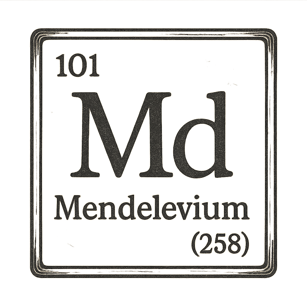 A line art, nostalgic graphic of mendelevium's entry on the periodic table, use a dark color for the lines and text – a t-shirt design