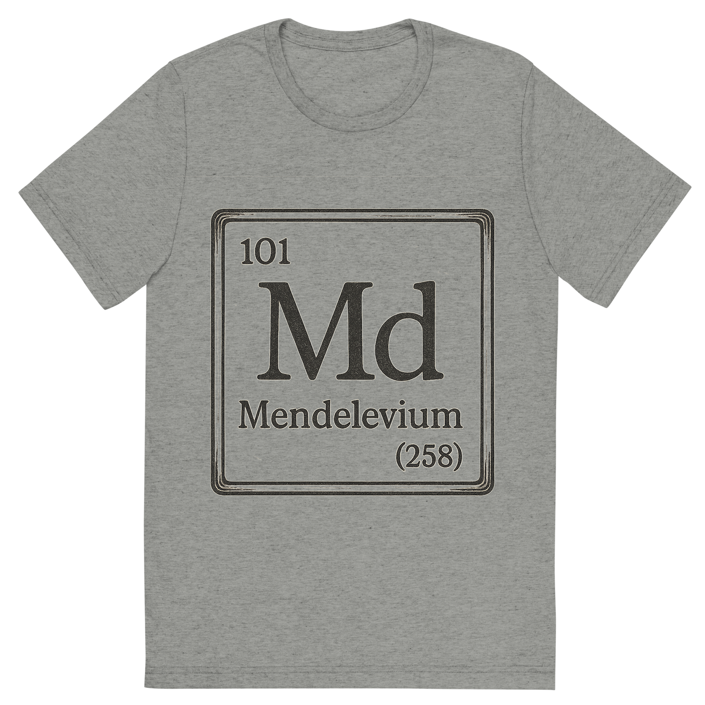 Front view of a Premium Tri-Blend Crew Neck T-Shirt in Athletic Grey showing 'A line art, nostalgic graphic of mendelevium's entry on the periodic table, use a dark color for the lines and text'