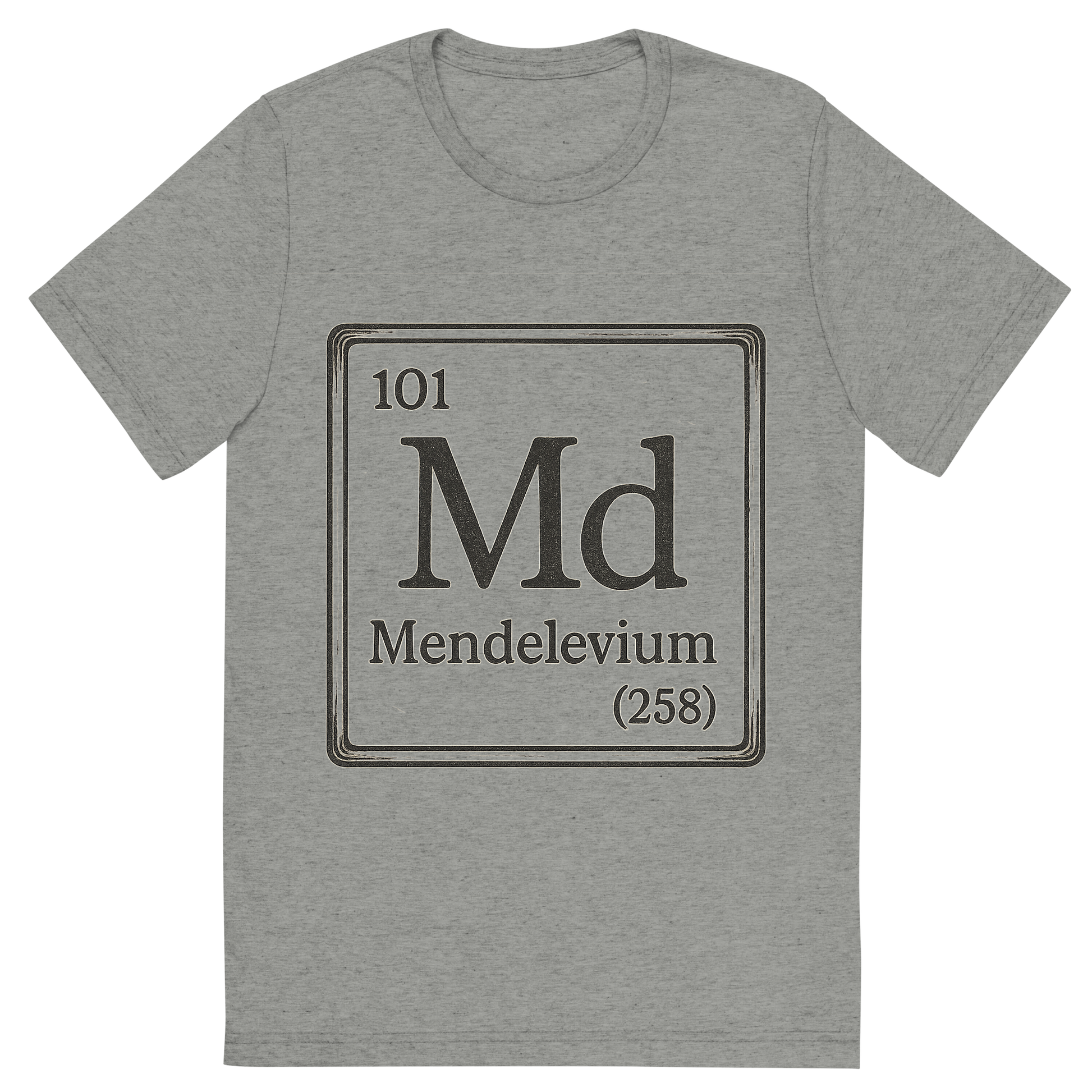 Front view of a Premium Tri-Blend Crew Neck T-Shirt in Athletic Grey showing 'A line art, nostalgic graphic of mendelevium's entry on the periodic table, use a dark color for the lines and text'