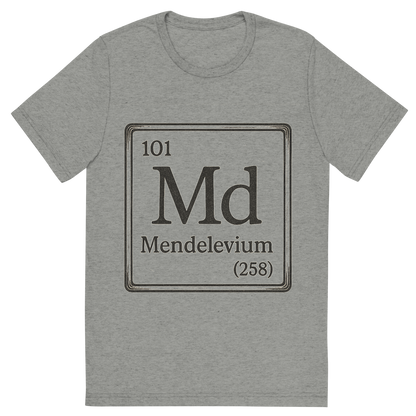 Front view of a Premium Tri-Blend Crew Neck T-Shirt in Athletic Grey showing 'A line art, nostalgic graphic of mendelevium's entry on the periodic table, use a dark color for the lines and text'
