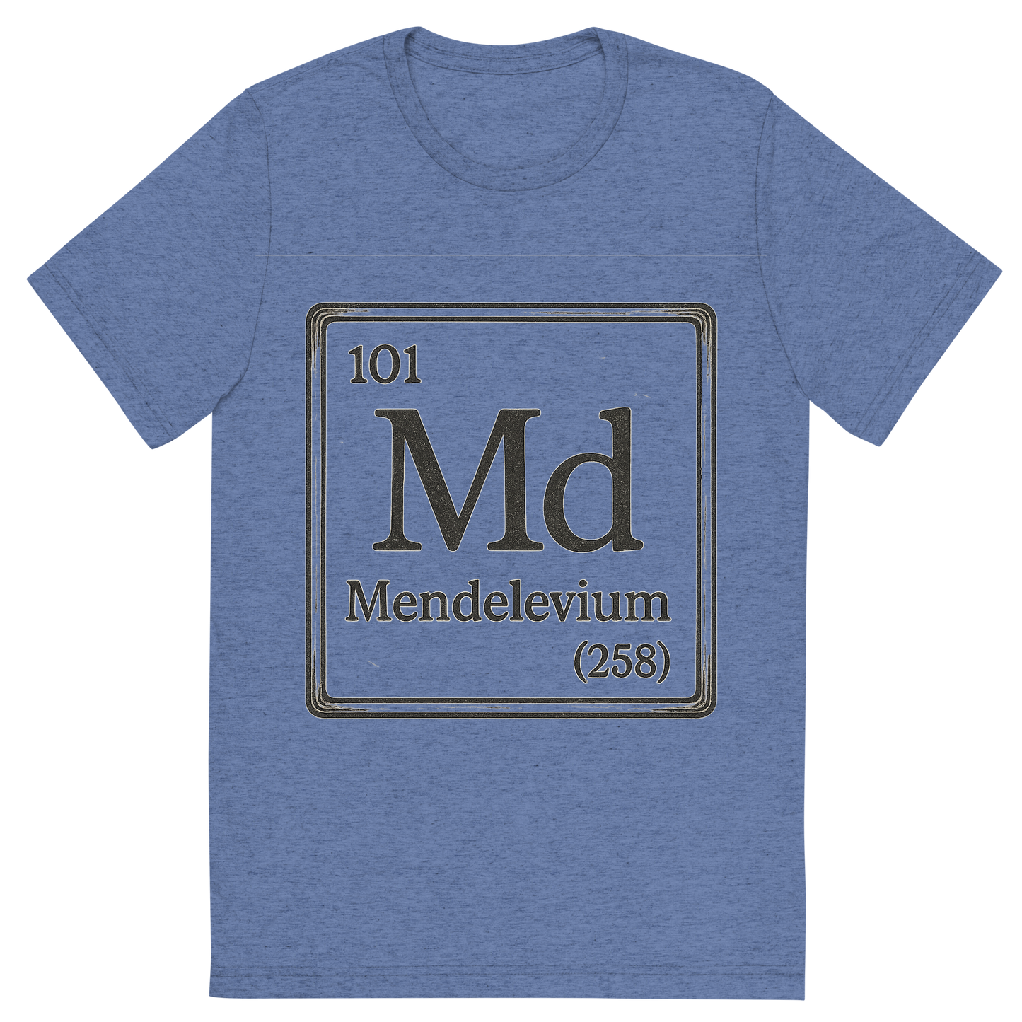 Front view of a Premium Tri-Blend Crew Neck T-Shirt in Blue showing 'A line art, nostalgic graphic of mendelevium's entry on the periodic table, use a dark color for the lines and text'