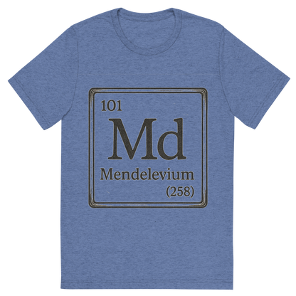 Front view of a Premium Tri-Blend Crew Neck T-Shirt in Blue showing 'A line art, nostalgic graphic of mendelevium's entry on the periodic table, use a dark color for the lines and text'