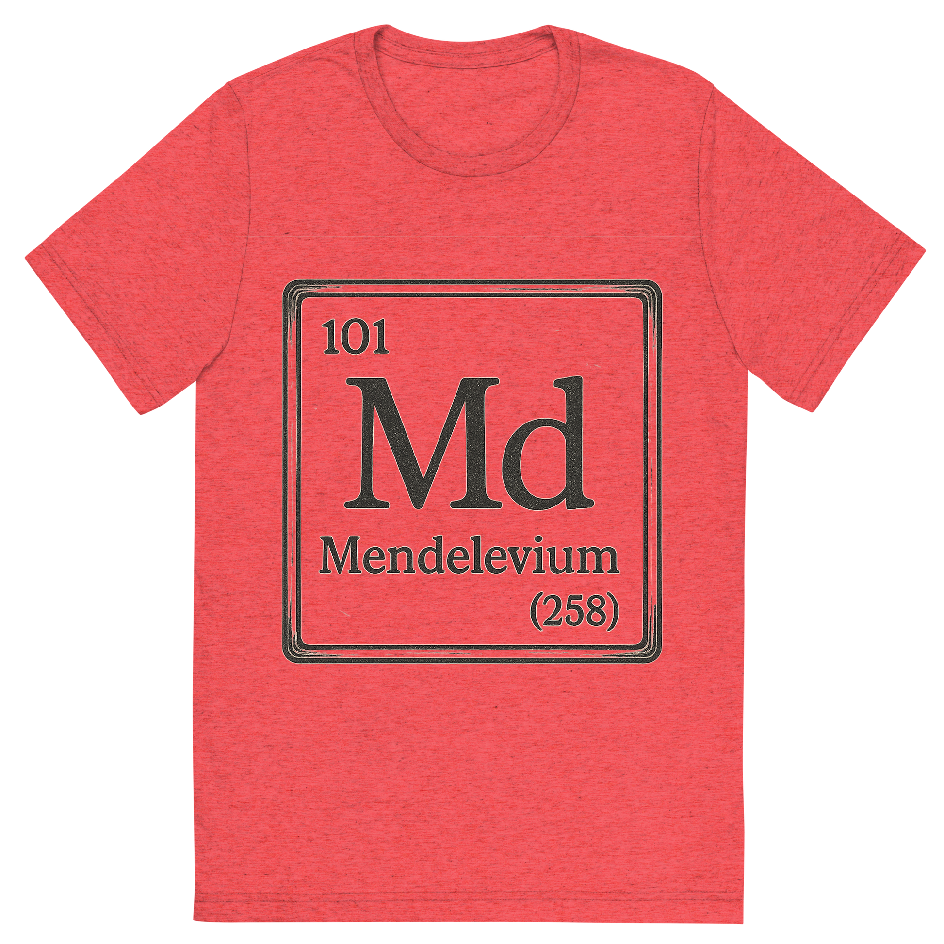 Front view of a Premium Tri-Blend Crew Neck T-Shirt in Red showing 'A line art, nostalgic graphic of mendelevium's entry on the periodic table, use a dark color for the lines and text'