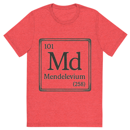 Front view of a Premium Tri-Blend Crew Neck T-Shirt in Red showing 'A line art, nostalgic graphic of mendelevium's entry on the periodic table, use a dark color for the lines and text'