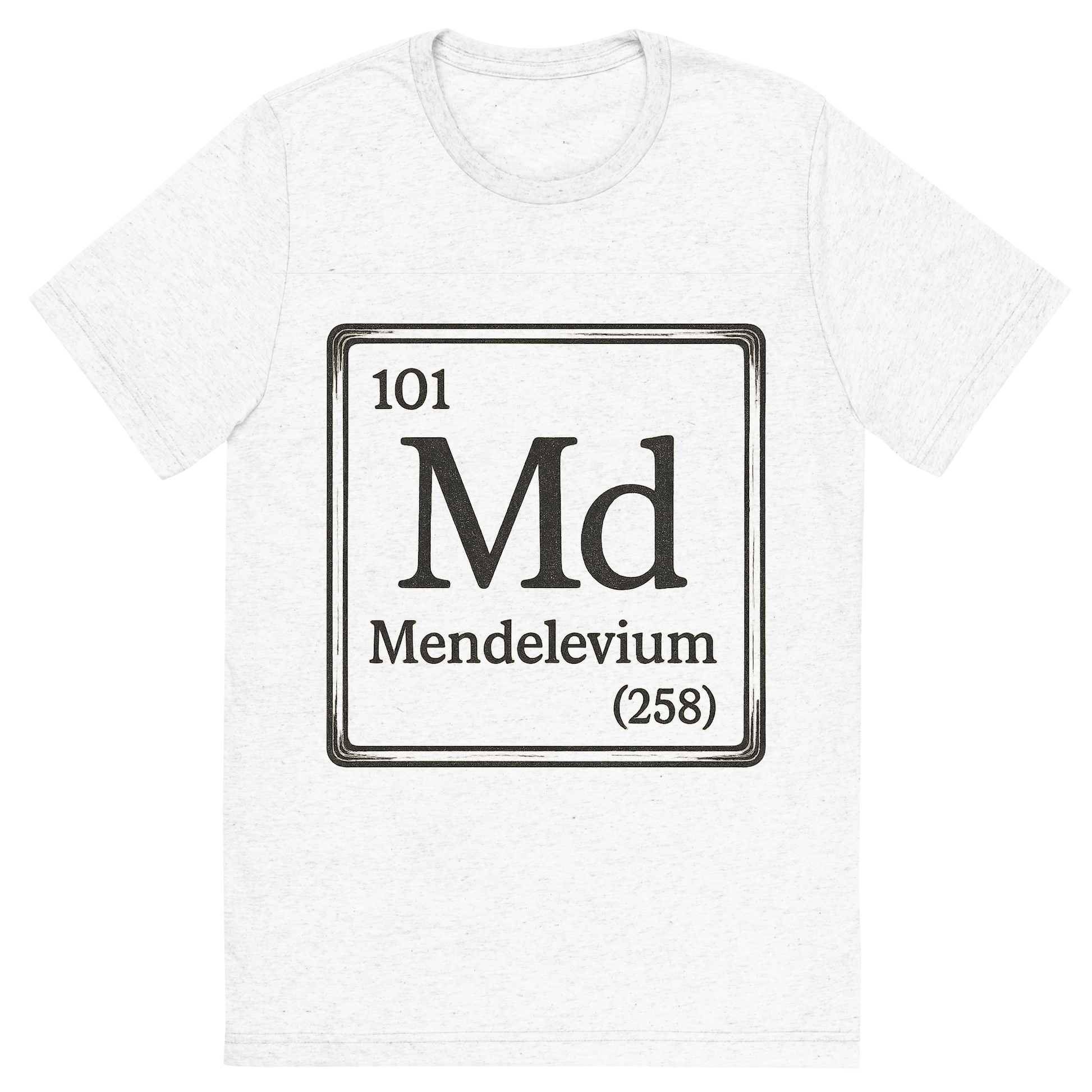 Front view of a Premium Tri-Blend Crew Neck T-Shirt in Solid White showing 'A line art, nostalgic graphic of mendelevium's entry on the periodic table, use a dark color for the lines and text'