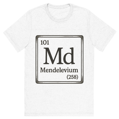 Front view of a Premium Tri-Blend Crew Neck T-Shirt in Solid White showing 'A line art, nostalgic graphic of mendelevium's entry on the periodic table, use a dark color for the lines and text'