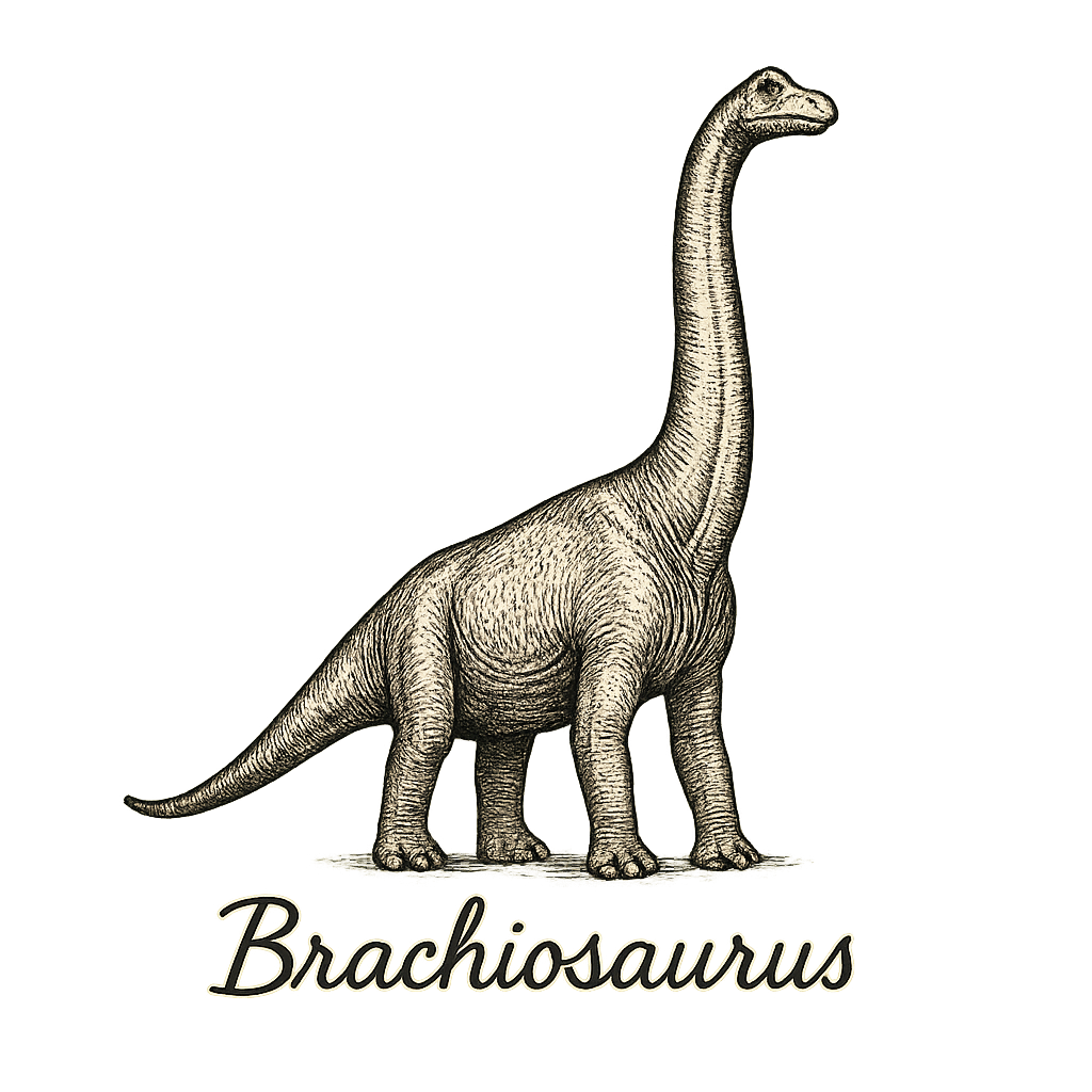 A flat, neutral graphic of a towering brachiosaurus drawn with long neck reaching upward. “brachiosaurus” appears in elegant handwriting below. ink illustration on a white background. - a t-shirt design