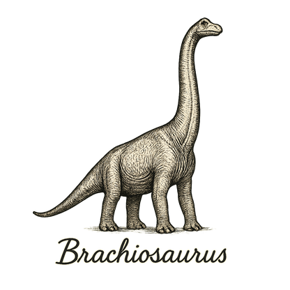 A flat, neutral graphic of a towering brachiosaurus drawn with long neck reaching upward. “brachiosaurus” appears in elegant handwriting below. ink illustration on a white background. - a t-shirt design