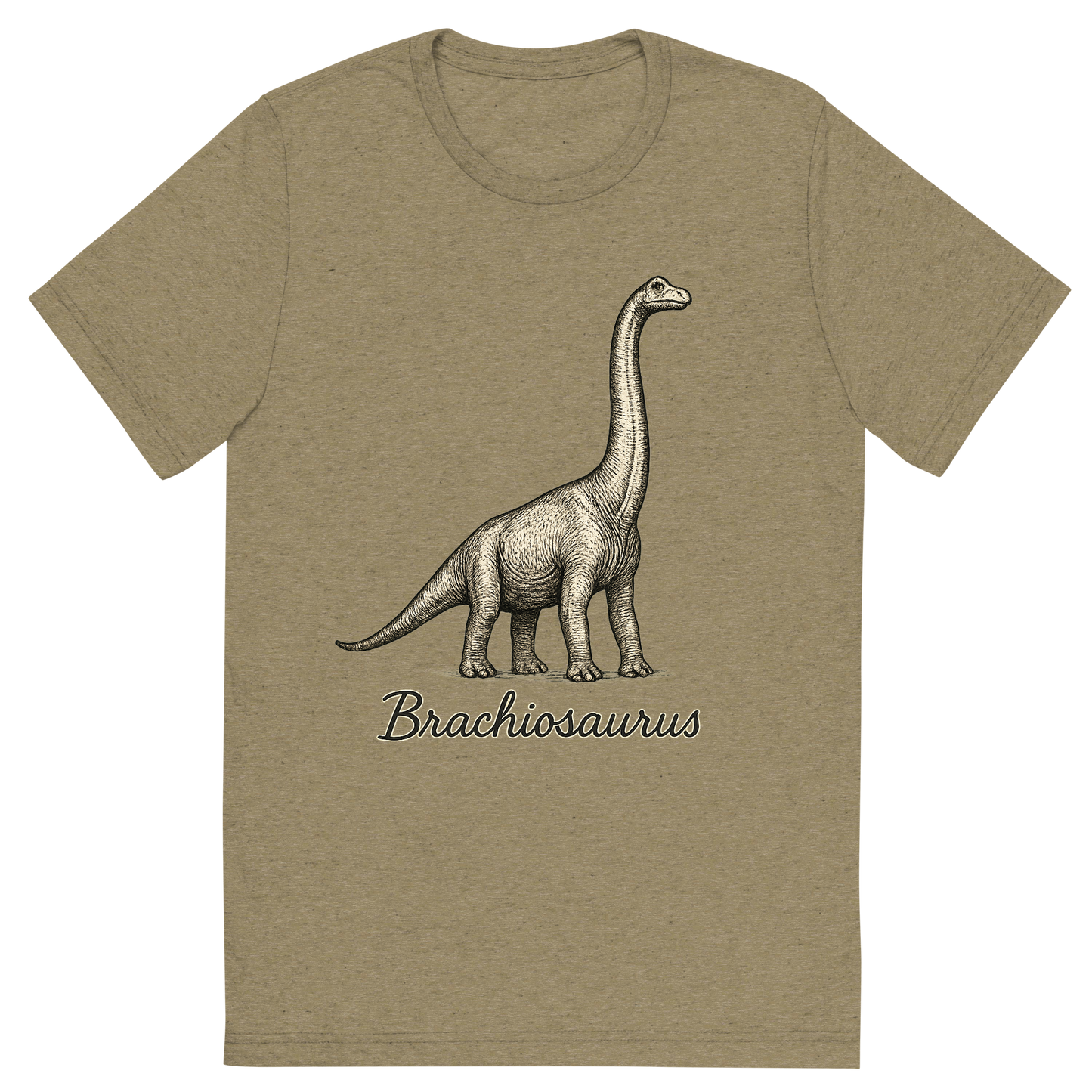 Front view of a Premium Tri-Blend Crew Neck T-Shirt in Olive showing 'A flat, neutral graphic of a towering brachiosaurus drawn with long neck reaching upward. “brachiosaurus” appears in elegant handwriting below. ink illustration on a white background.'