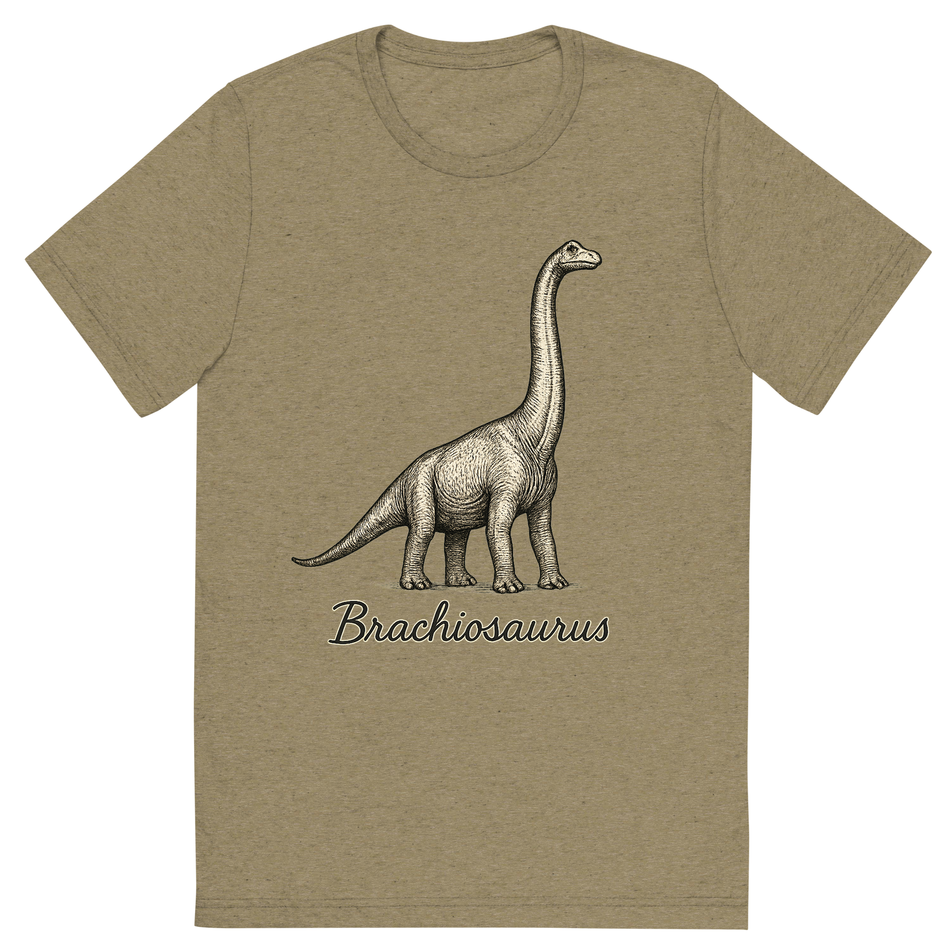Front view of a Premium Tri-Blend Crew Neck T-Shirt in Olive showing 'A flat, neutral graphic of a towering brachiosaurus drawn with long neck reaching upward. “brachiosaurus” appears in elegant handwriting below. ink illustration on a white background.'
