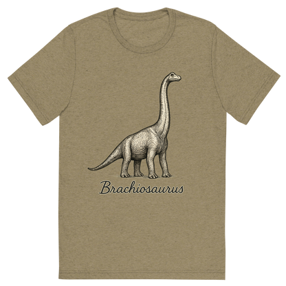Front view of a Premium Tri-Blend Crew Neck T-Shirt in Olive showing 'A flat, neutral graphic of a towering brachiosaurus drawn with long neck reaching upward. “brachiosaurus” appears in elegant handwriting below. ink illustration on a white background.'