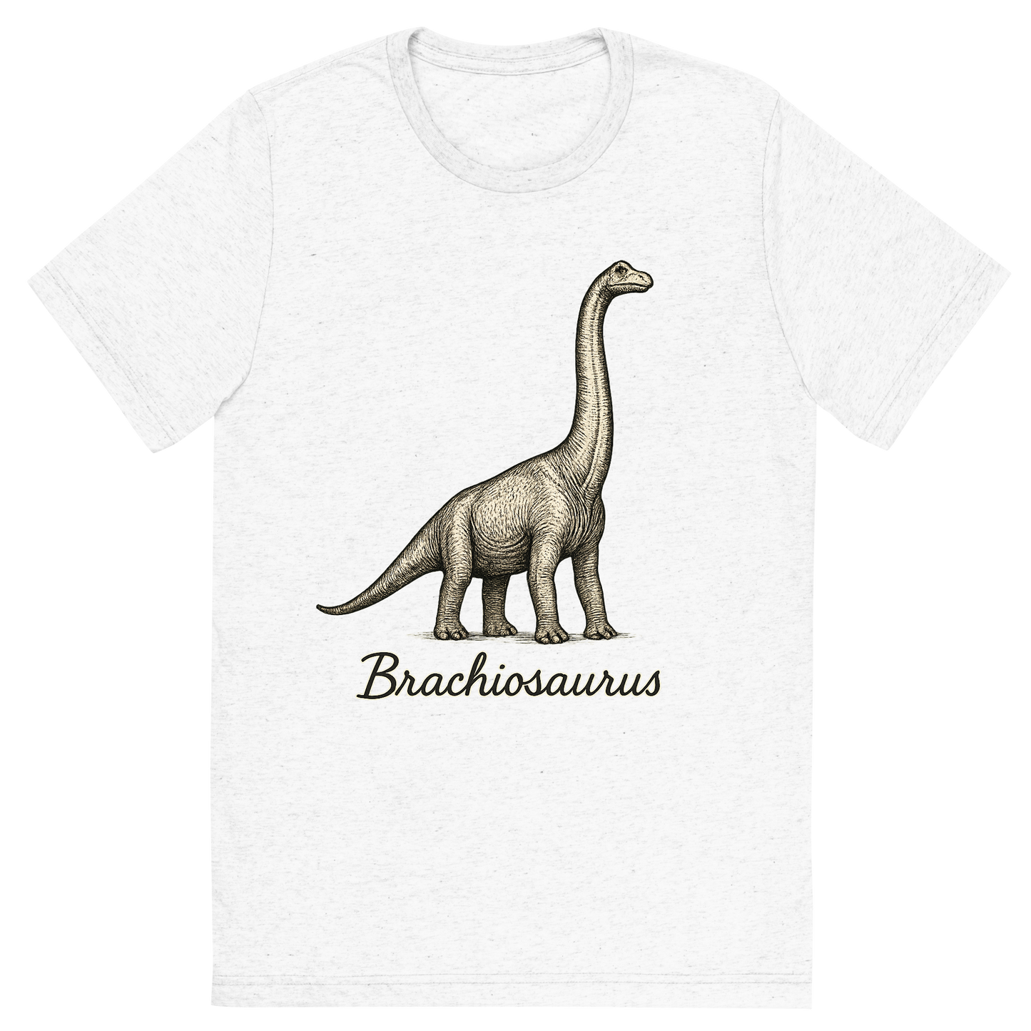 Front view of a Premium Tri-Blend Crew Neck T-Shirt in Solid White showing 'A flat, neutral graphic of a towering brachiosaurus drawn with long neck reaching upward. “brachiosaurus” appears in elegant handwriting below. ink illustration on a white background.'