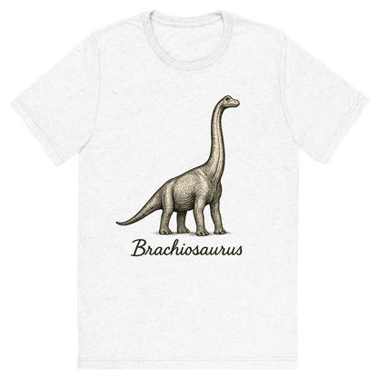 Front view of a Premium Tri-Blend Crew Neck T-Shirt in Solid White showing 'A flat, neutral graphic of a towering brachiosaurus drawn with long neck reaching upward. “brachiosaurus” appears in elegant handwriting below. ink illustration on a white background.'