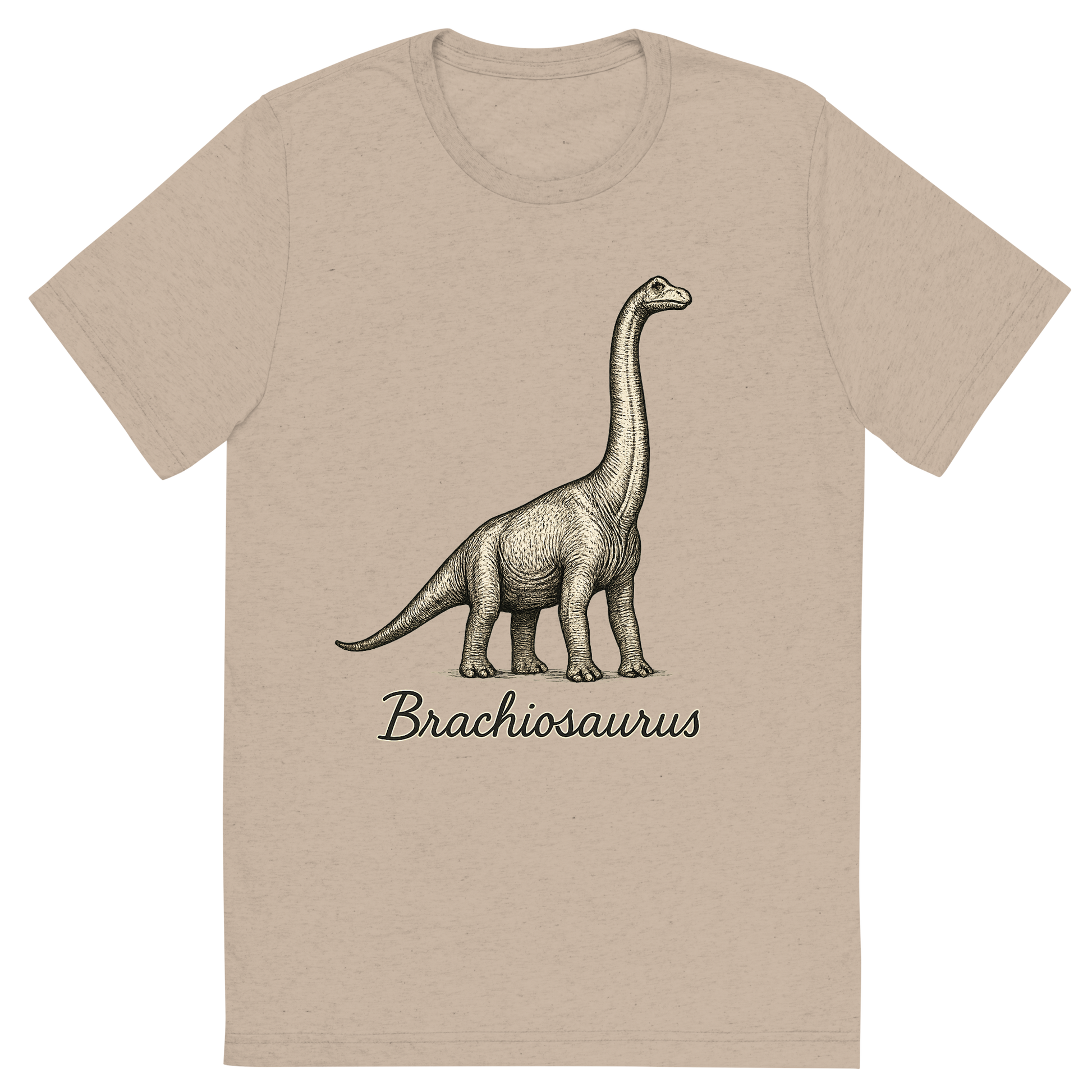 Front view of a Premium Tri-Blend Crew Neck T-Shirt in Tan showing 'A flat, neutral graphic of a towering brachiosaurus drawn with long neck reaching upward. “brachiosaurus” appears in elegant handwriting below. ink illustration on a white background.'