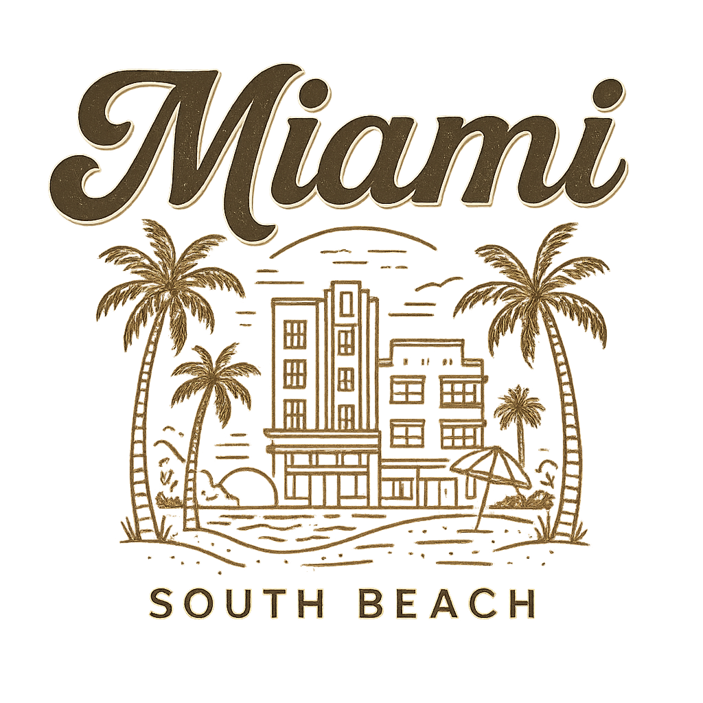 A typographic, nostalgic graphic of a typographic illustration of the words 'miami' with a vintage line art drawing of south beach – a t-shirt design