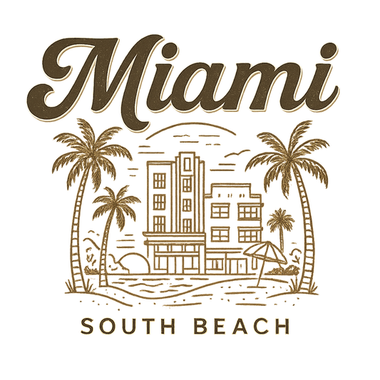A typographic, nostalgic graphic of a typographic illustration of the words 'miami' with a vintage line art drawing of south beach – a t-shirt design