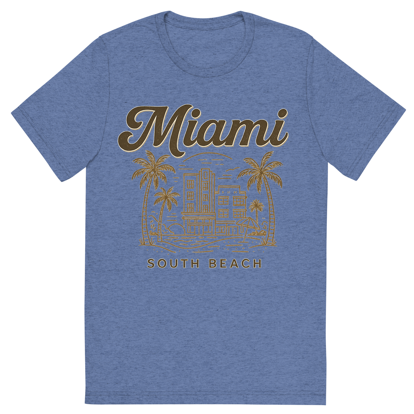 Front view of a Premium Tri-Blend Crew Neck T-Shirt in Blue showing 'A typographic, nostalgic graphic of a typographic illustration of the words 'miami' with a vintage line art drawing of south beach'