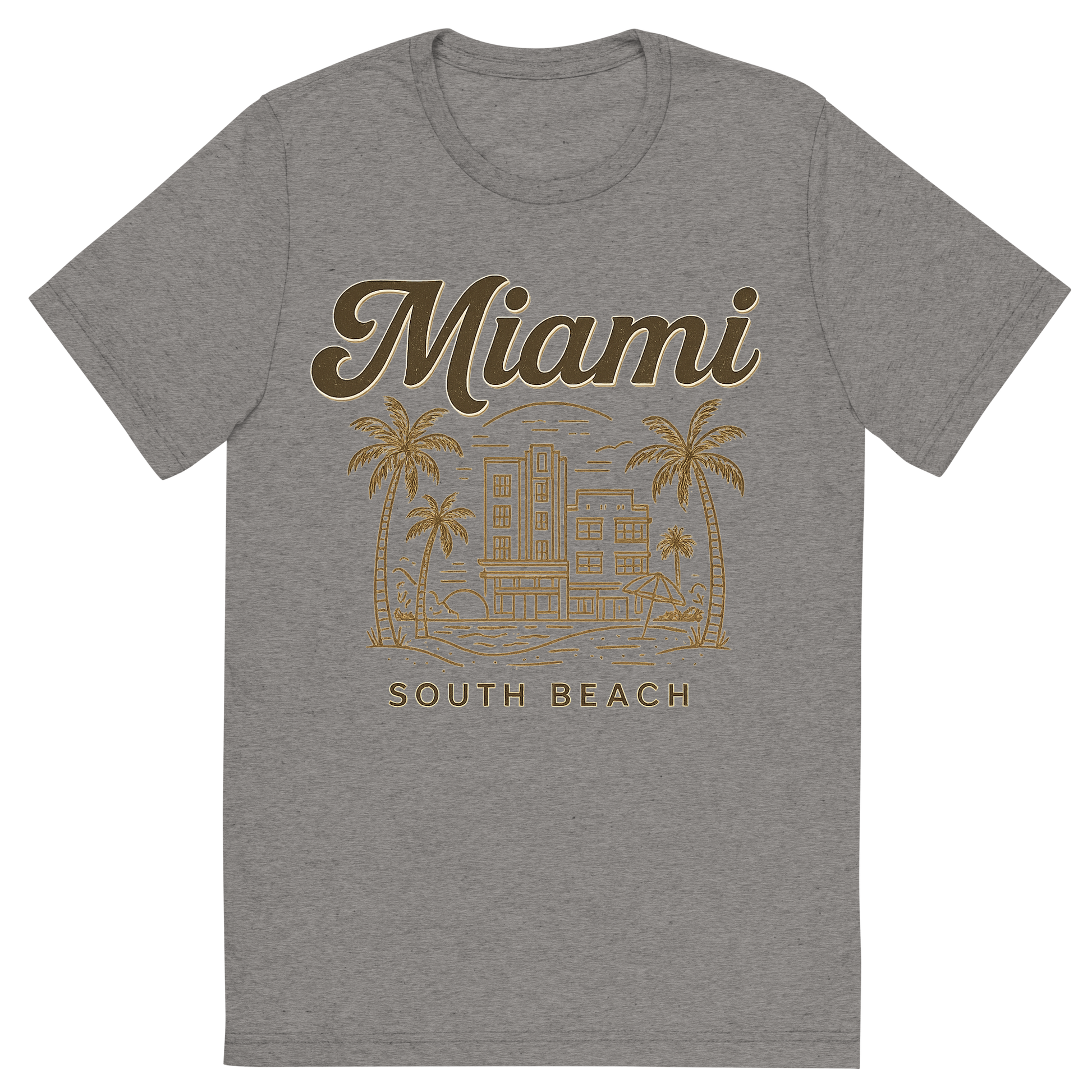 Front view of a Premium Tri-Blend Crew Neck T-Shirt in Grey showing 'A typographic, nostalgic graphic of a typographic illustration of the words 'miami' with a vintage line art drawing of south beach'
