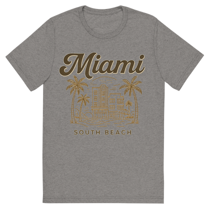 Front view of a Premium Tri-Blend Crew Neck T-Shirt in Grey showing 'A typographic, nostalgic graphic of a typographic illustration of the words 'miami' with a vintage line art drawing of south beach'